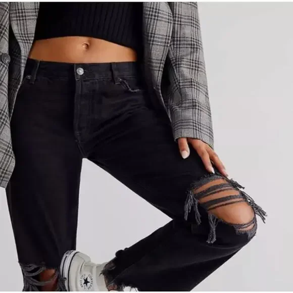 Free People Black Jeans Maggie Cropped Distressed We The Free - Picture 5 of 13